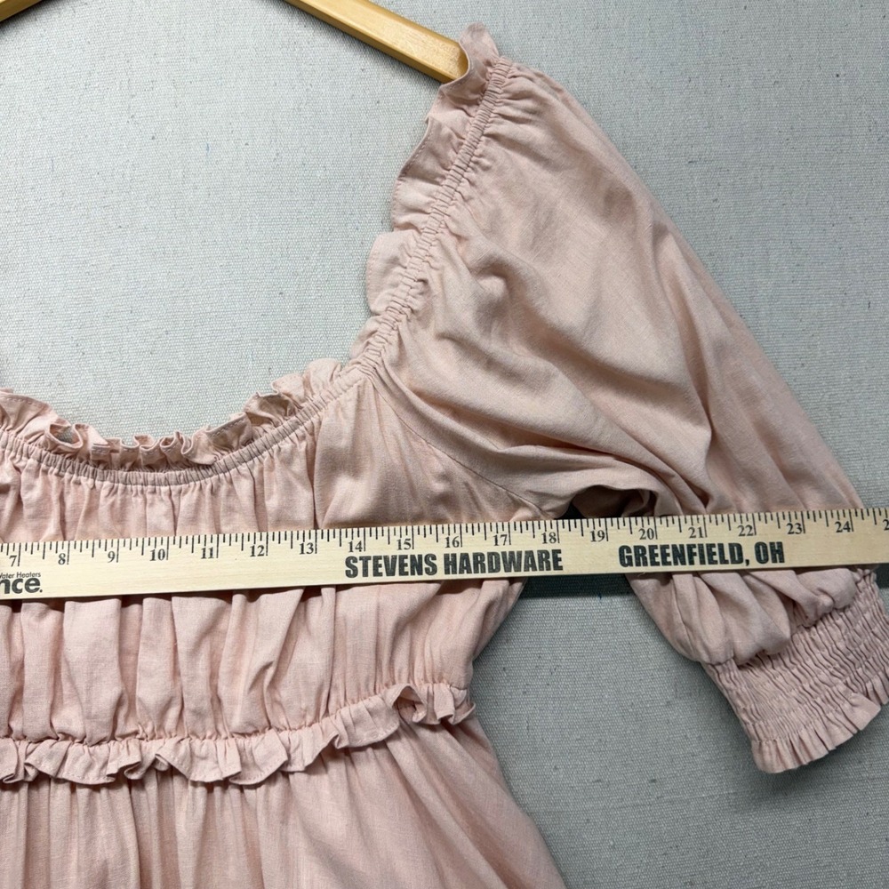 Pink Linen Blend Puff Sleeve Mini Dress OpenBack L Cottagecore Coquette Babydoll - Picture 9 of 13
